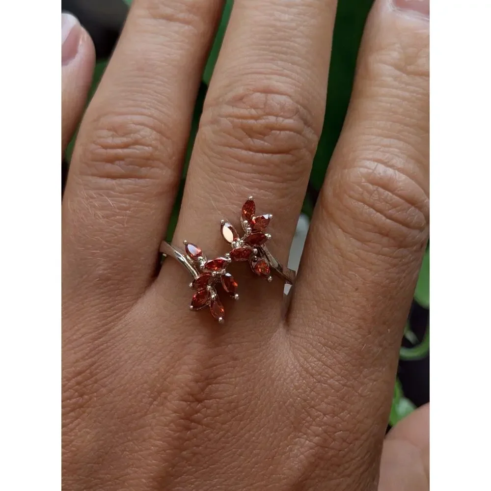 925 Sterling Silver garnet Flower Ring Adjustable